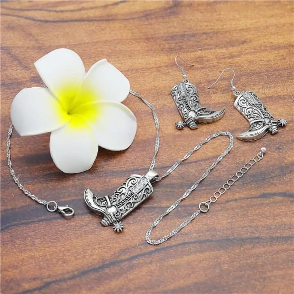 Cowboy Boot Jewelry Set – Western Necklace and Earring Combo Cowgirl Silver